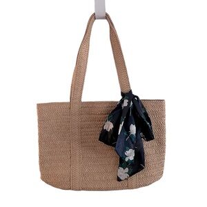 Draper James Straw Tote with Navy Floral Sash. EUC